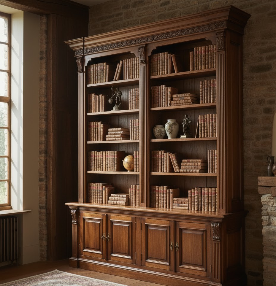 Custom walnut bookshelf with integrated lighting by Carestudio