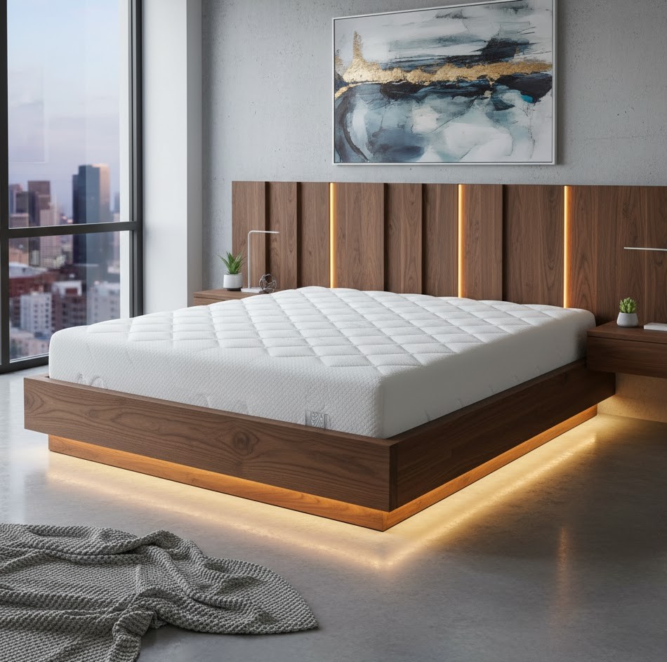 Custom king size bed frame with upholstered headboard by Carestudio