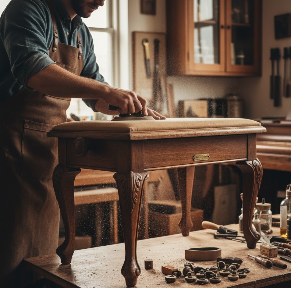 Piano bench restoration project completed by Carestudio team