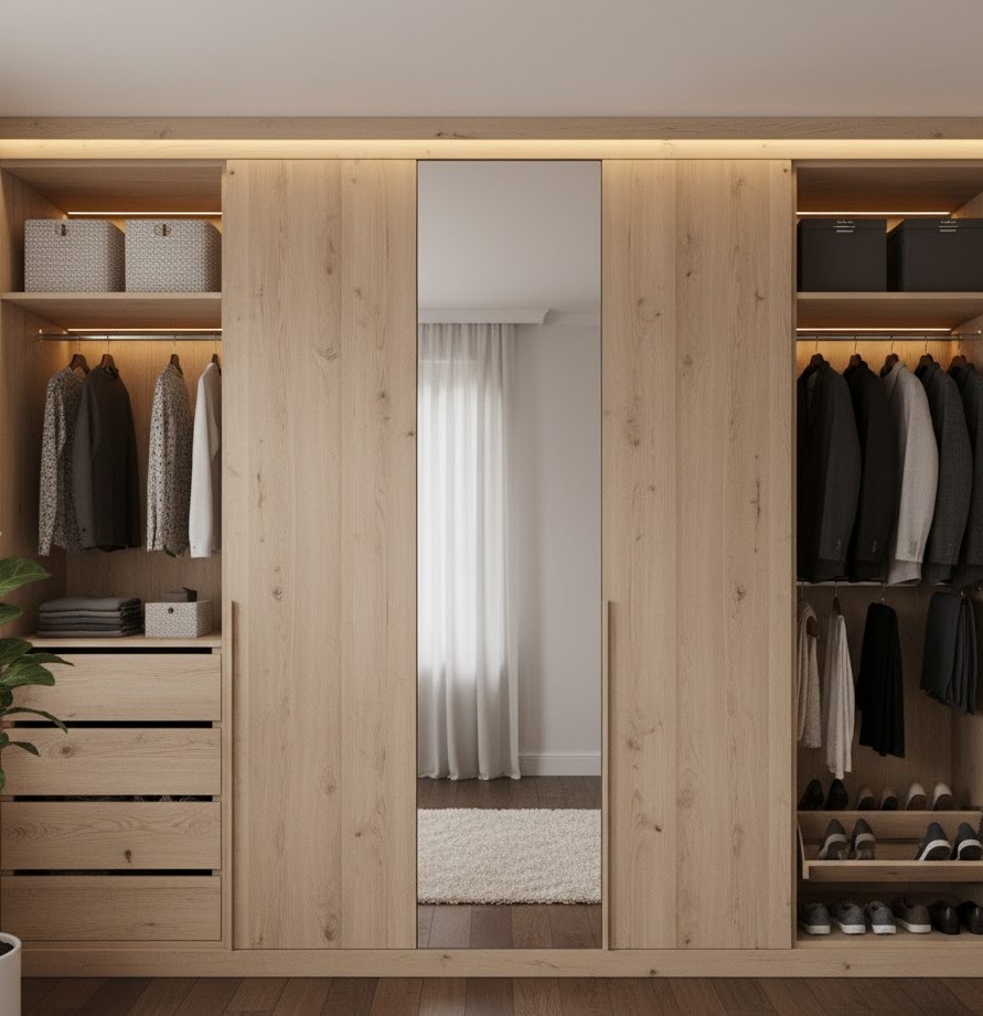 Built-in wardrobe system with sliding doors by Carestudio