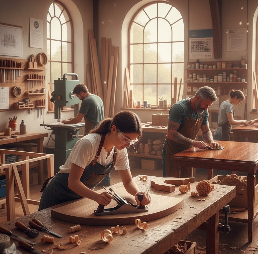 Carestudio workshop showing skilled artisans crafting custom furniture
